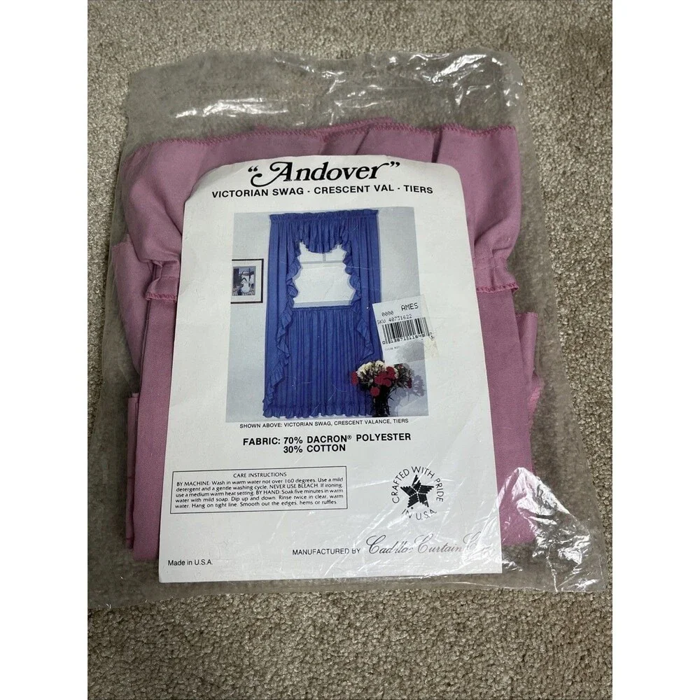 VTG 90s‎ New Retro Pink Andover Crescent Valance 60x16” & 2 Ruffled Tiers 28x36”